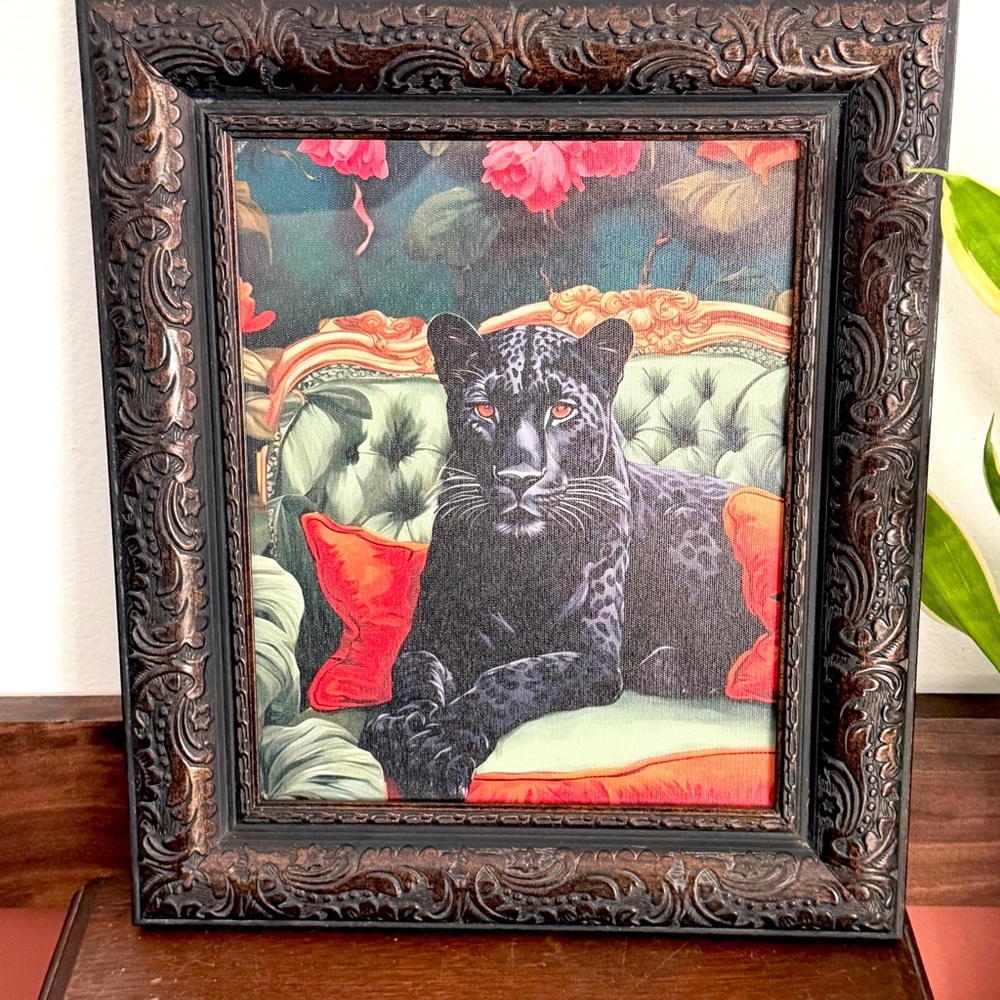 Fancy Black Panther on Vintage Couch Moody Floral Canvas Art Print Ornate Frame - Picture 2 of 9